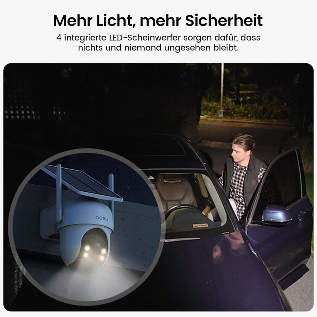 aosu 2K Überwachungskamera Aussen Akku Solar, 2-Cam-Kit mit aosuBase, Ohne Abonnement, 32GB Speicher
