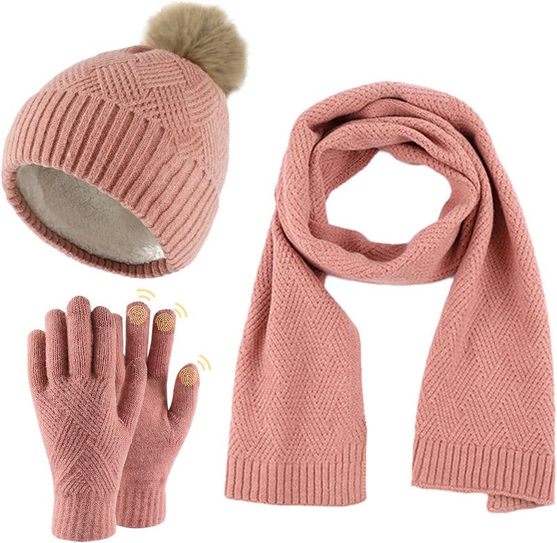 Damen Bommelmütze Schals Handschuhe Set Thermo Winter Warm Strickmütze Halswärmer und Touchscreen Ha