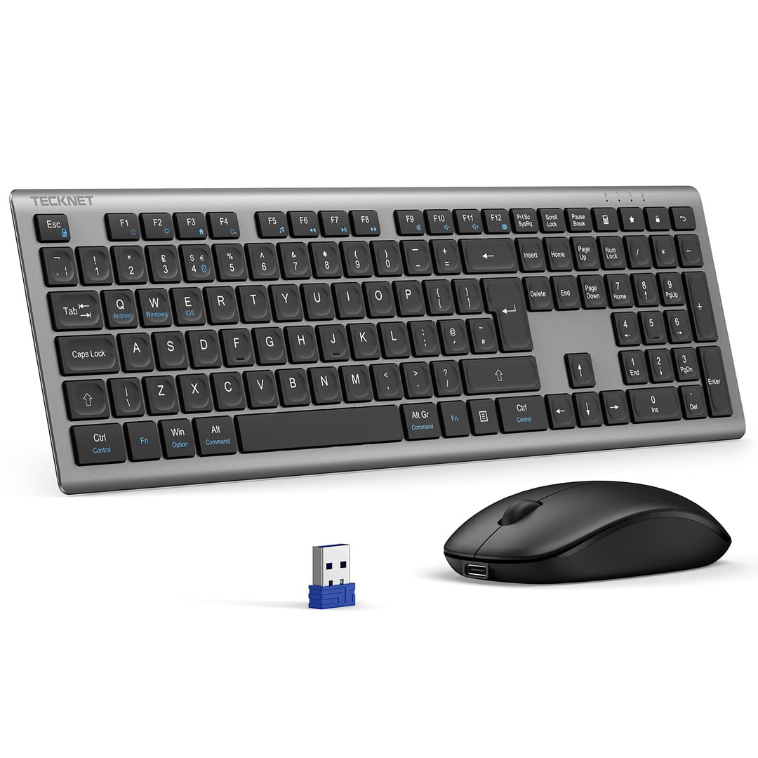 TECKNET Tastatur Maus Set Kabellos, 2.4G Wiederaufladbare Maus und Tastatur | Fullsize Deutsch QWERT