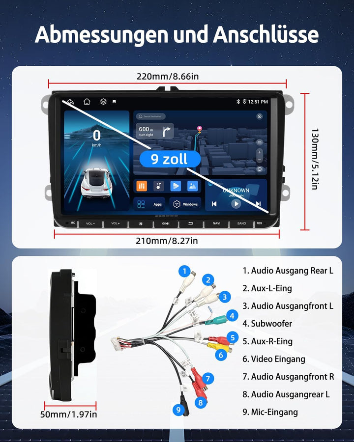 ESSGOO True 4+64G Wireless Autoradio 9 Zoll Bildschirm mit Carplay und Android Auto, Android15 Car R