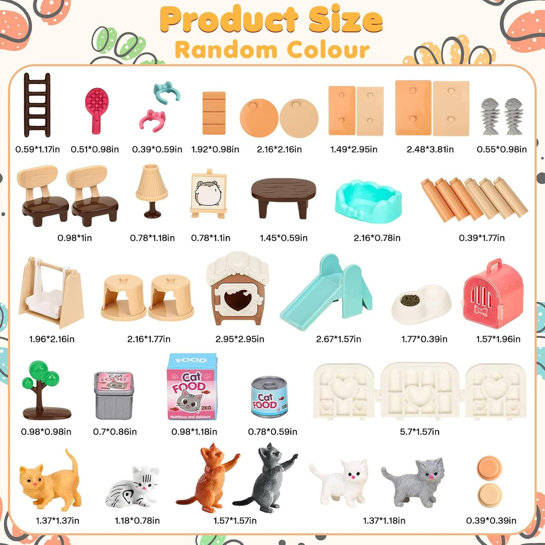 46 Stück Katze Puppenhaus Zubehör, Katzenfiguren Spielset, Wichtel Zubehör, Katzenbaum Katzenhaus Ka