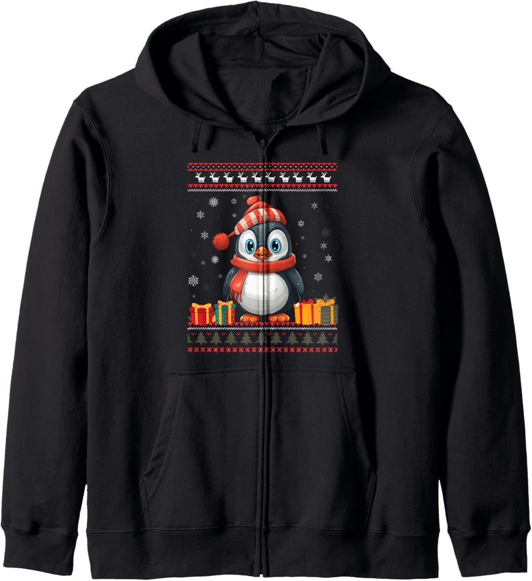 Weihnachtspullover mit Pinguin-Motiv, Weihnachtsmütze Kapuzenjacke