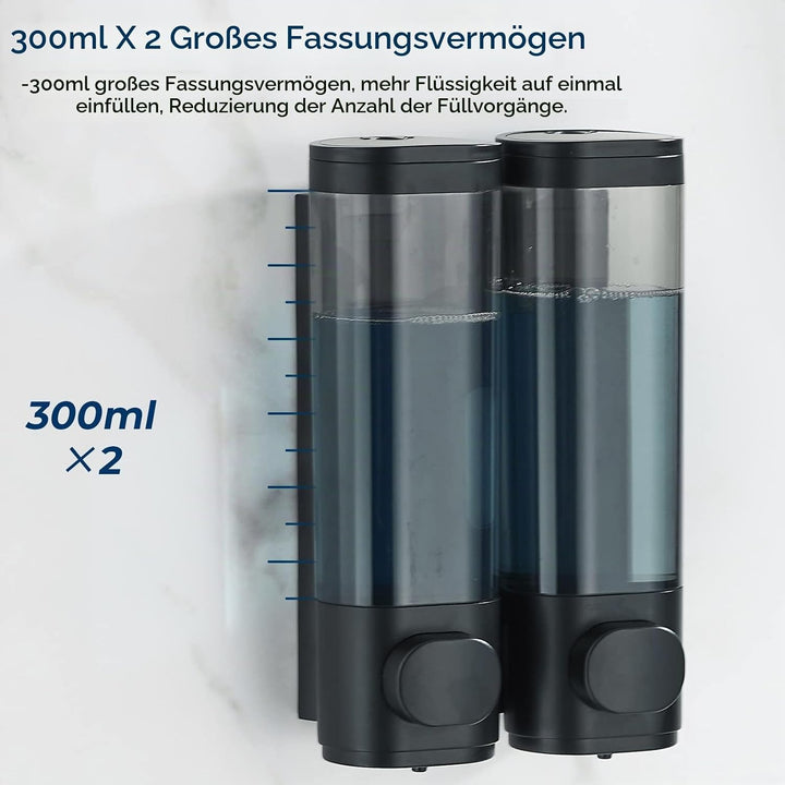 modunful Seifenspender für Dusche Wandbefestigung Ohne Bohren, 2 Kammern 300ml Duschspender Shampoo