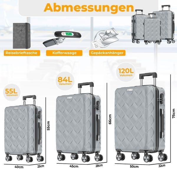 KESSER® Reisekoffer Set 3-teilig | Kofferset ABS Hartschalenkoffer mit Zahlenschloss, Kofferwaage &amp;