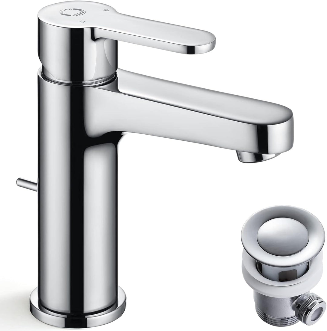 Wasserhahn Bad mit Zugstange - Ablaufgarnitur, Waschtischarmatur mit Auslaufhöhe 112mm, Wassersparen