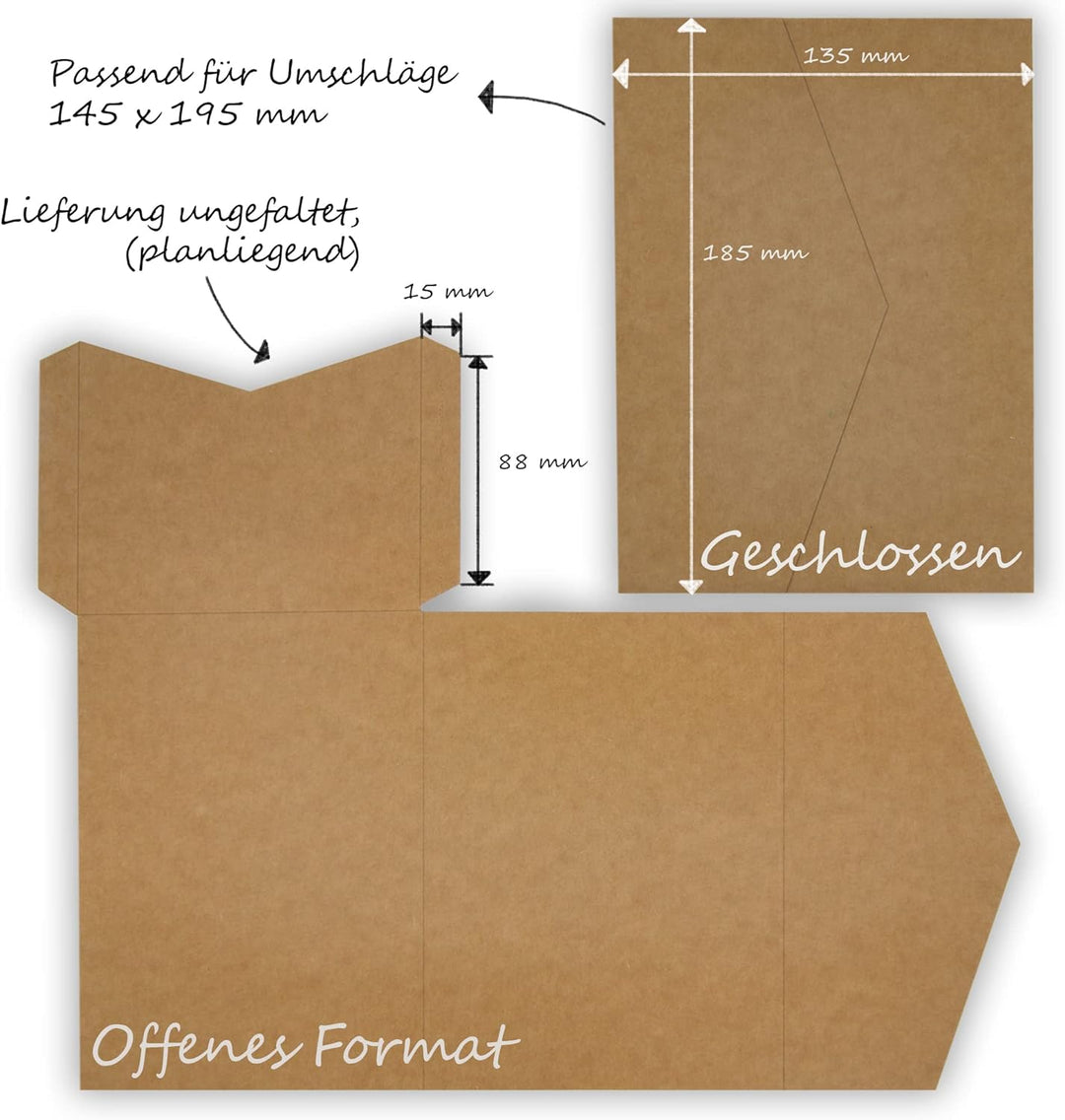 50 Stück Pocketfold Kraftpapier Karten I 135 x 185 mm, 280 g/m² I Hochzeitseinladungen I Taufe I Dan