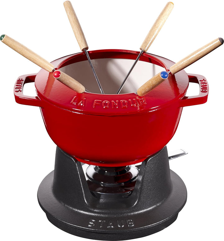 STAUB Fondue Set mit 6 Gabeln, Geeignet für Käse- Schoko- und Fleisch-Fondue, Gusseisen, 18 cm, Kirs