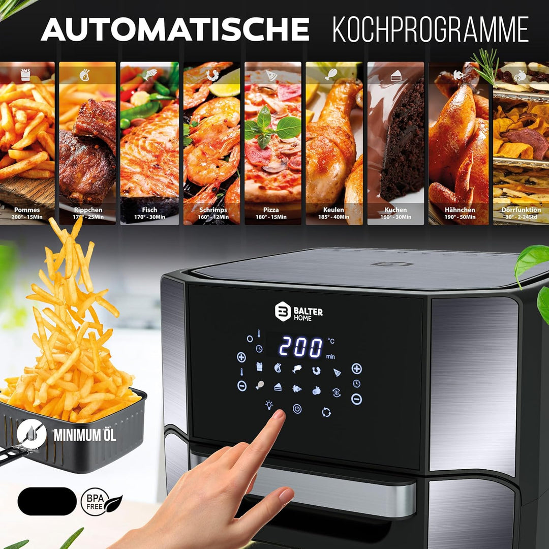 Balter Heissluftfritteuse HL-1200-BL, 12 Liter, Friteuse, LED Touchscreen, 10 Programme, Dörrautomat