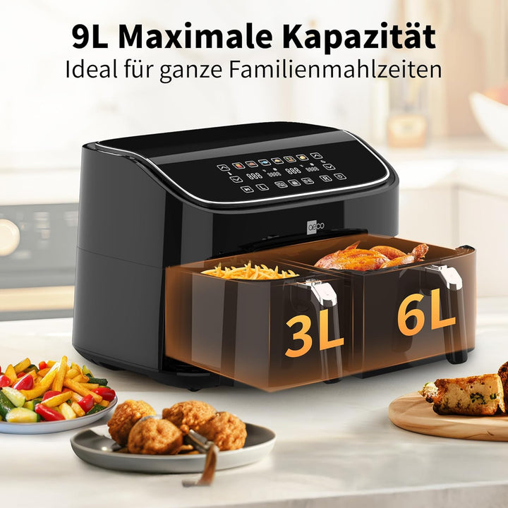 aeco DUO Doppelkammer AirFryer 9 Liter (3l & 6l, Sync-Funktion, Heissluftfritteuse mit digitalem Tou