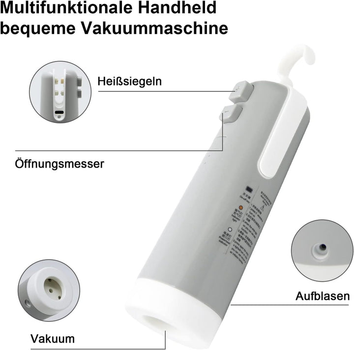 Vakuumiergerät Mini, 4-in-1-Funktion Handvakuumierer Vakuum,Verschluss,Aufblasbar&Öffnen mit 8 Aufbe