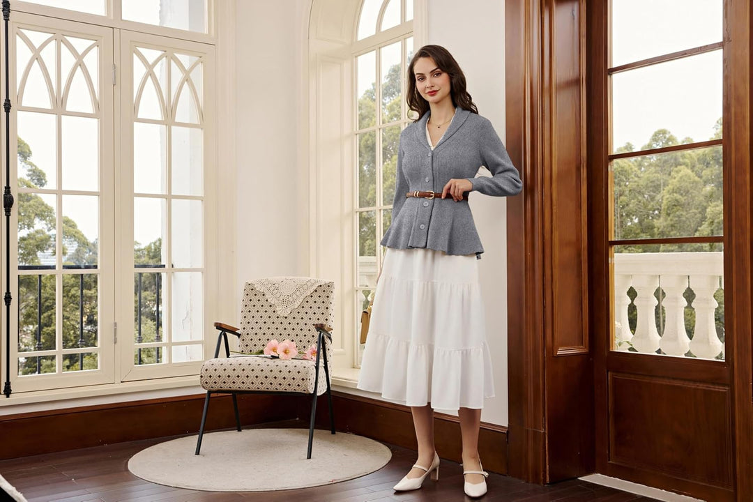 Belle Poque Damen Strickjacke Langarm Reverskragen Cardigan mit Rüschensaum Casual Strickmantel XL G