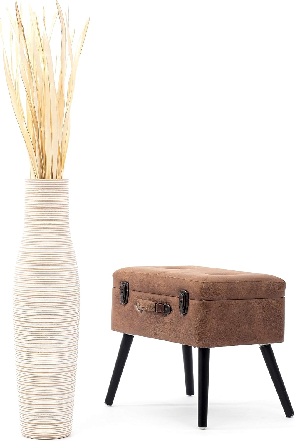Leewadee Grosse Bodenvase für Dekozweige hohe Standvase Design Holzvase, Holz, 70 cm, White Wash 70