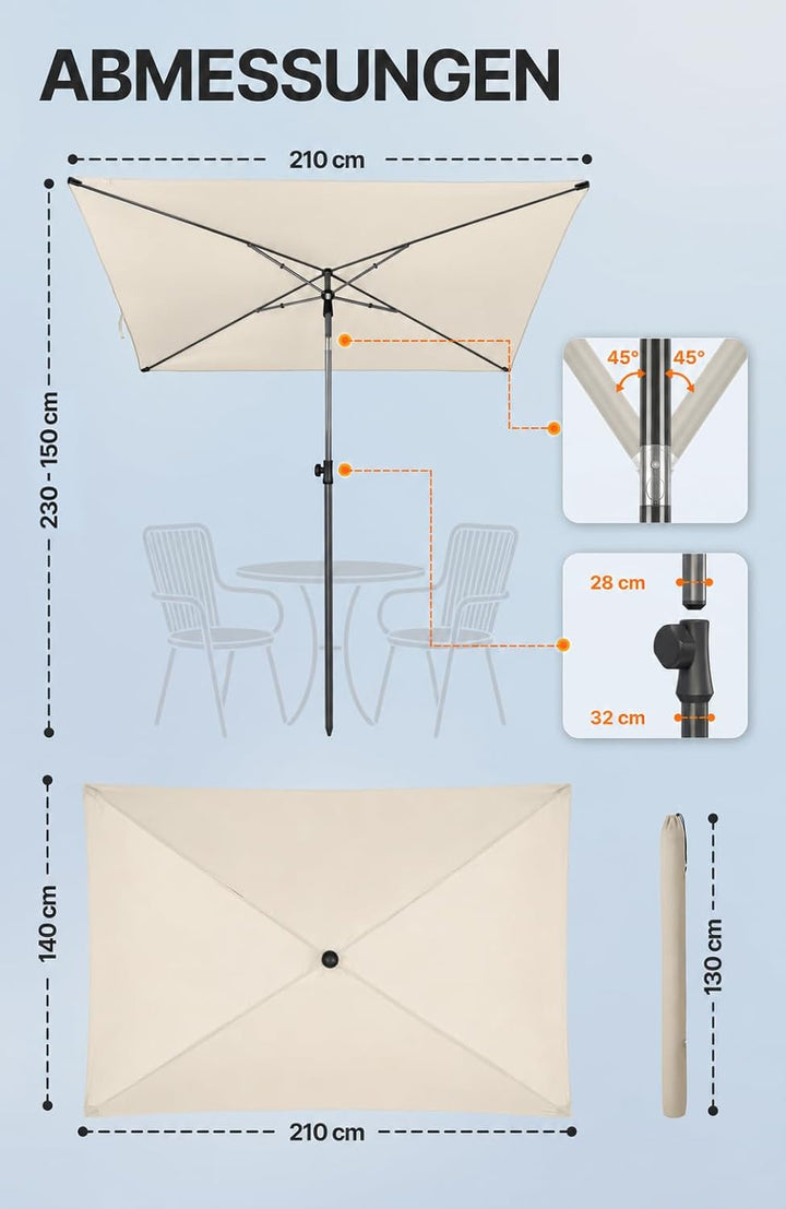 4smile SunnyShade Balkonschirm Rechteckig 210x140 cm, Sonnenschirm Balkon mit UV 50+, Sonnenschutz B
