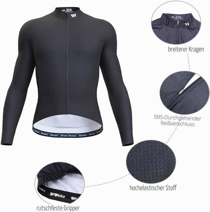 Wulibike Radtrikot für Herren, langärmlig, Rennradtrikot, atmungsaktiv und schnelltrocknend, mit Rei