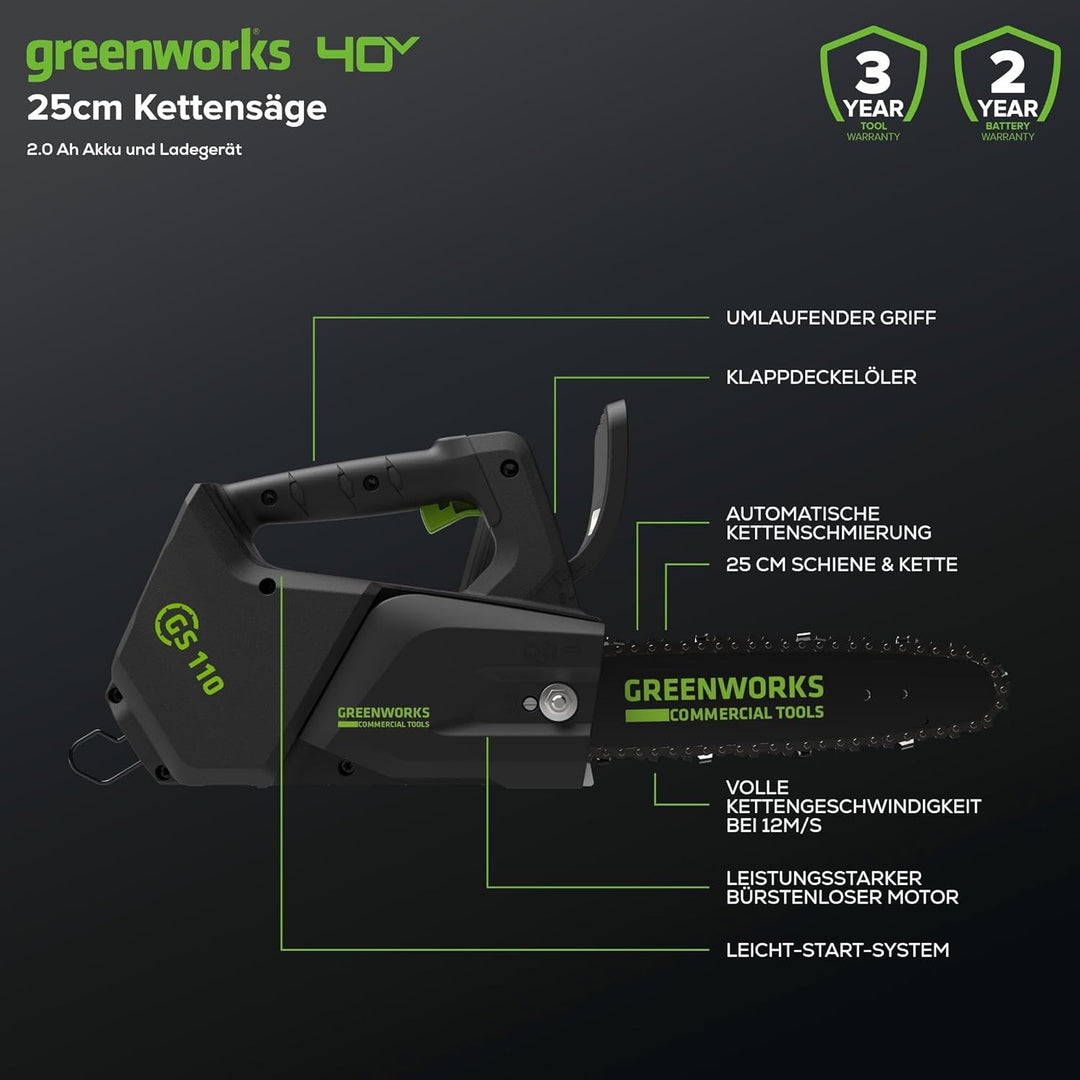 Greenworks GD40TCSK2 Akku Kettensäge mit Akku und Ladegerät, bürstenlosem Motor, 25 cm Blattlänge, 1