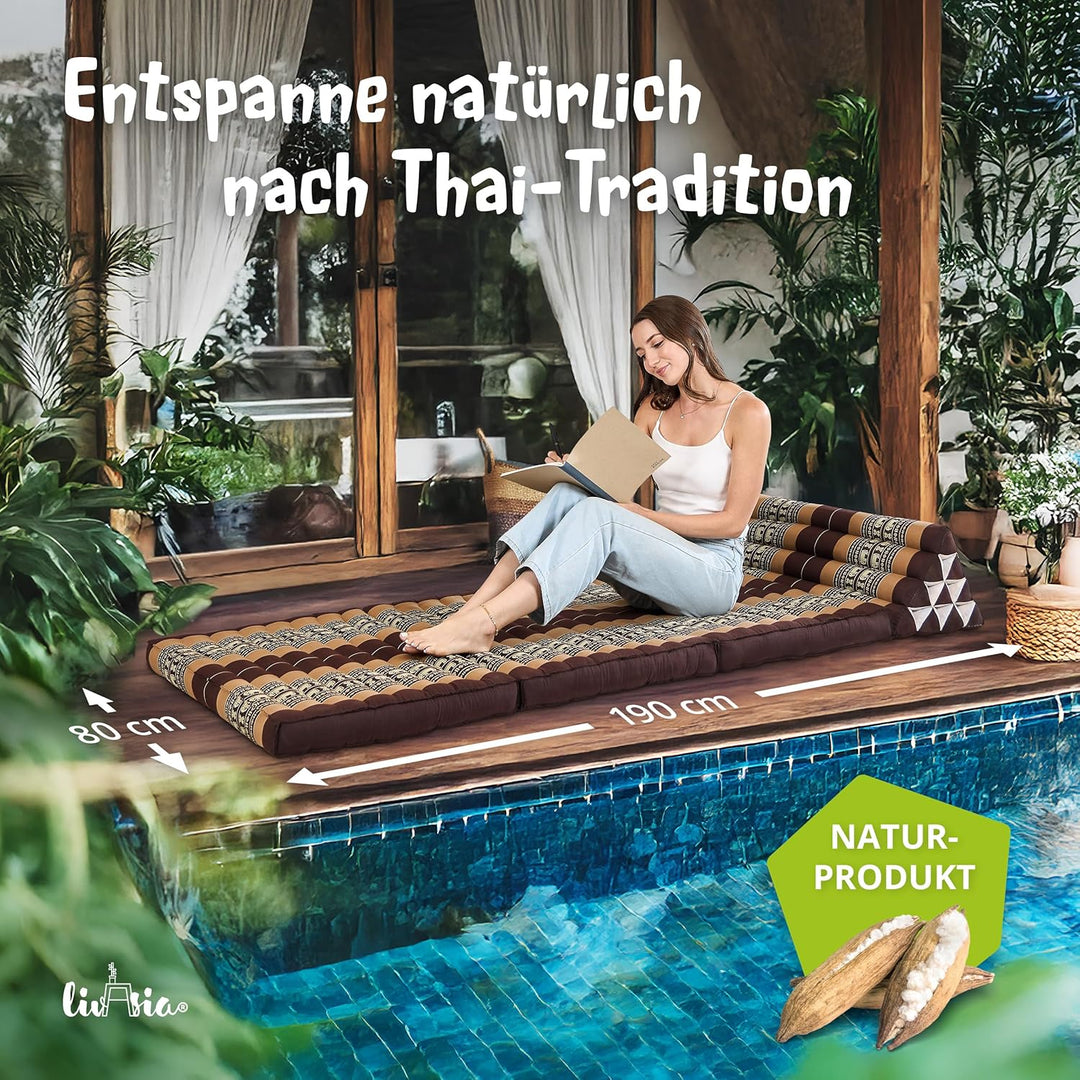 livasia Thaikissen 3 Auflagen für Paare XXL, Dreieckskissen Klappmatratze, extrabreit Kapok, Rückenk