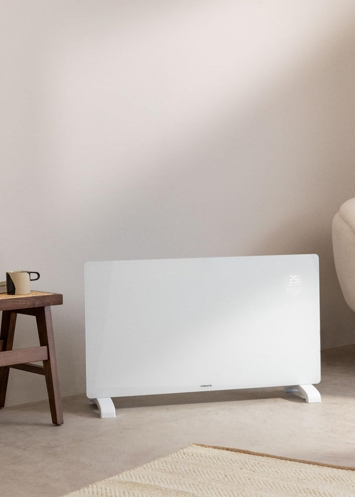 CREATE/WARM CRYSTAL 2500W / Weisser elektrischer Glaskonvektor, WiFi, einstellbare Leistung, leiser