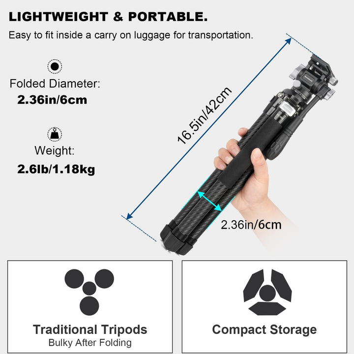 Koolehaoda Kamera Stativ Reisestativ 160 cm Carbon Stativ mit 360° Panorama Fluidkopf & Kurze Mittel