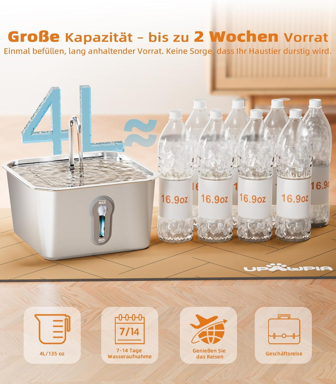 4L Katzenbrunnen Edelstahl mit 3 Filtern Trinkbrunnen für Katze Katzenbrunnen für Katzen mit Wassers