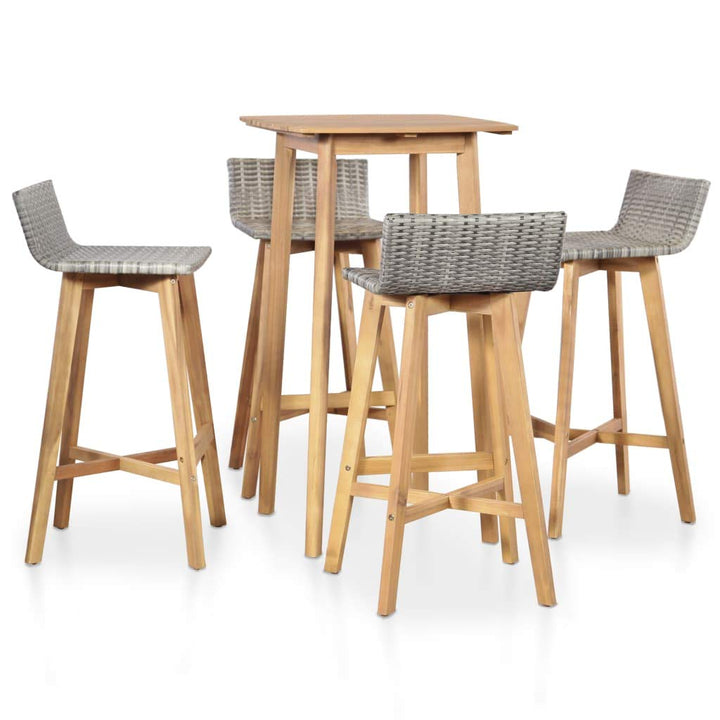 tidyard Bar-Set 5-TLG. Sitzgruppe aus Massivholz und Poly Rattan, Braun und Hellgrau, inkl 1 Bartisc