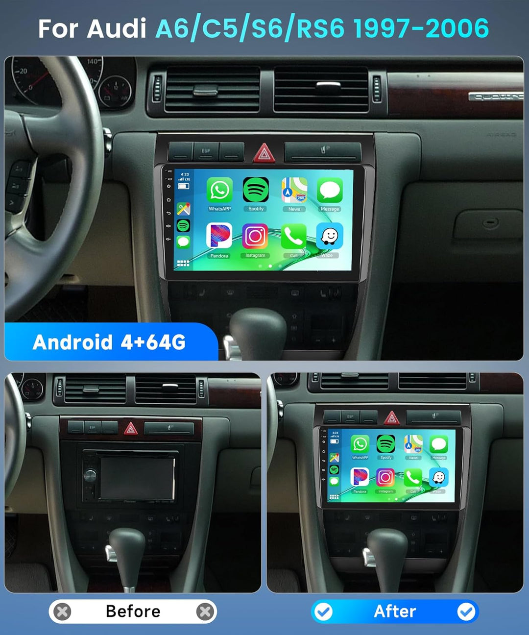 Rimoody 4+64G Android Autoradio für Audi A6/C5/S6/RS6 1997-2006 9 Zoll Touchscreen Kabelloses Carpla