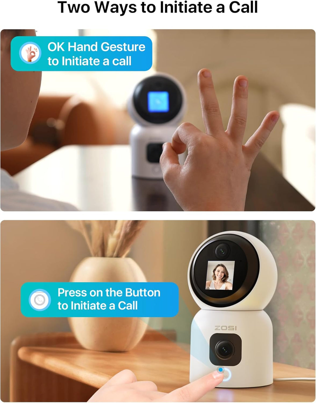 ZOSI Dual-Linse WLAN Überwachungskamera Innen 3MP+3MP, 2-Wege-Video, 2,4/5Ghz WiFi IP Kamera 360° Sc