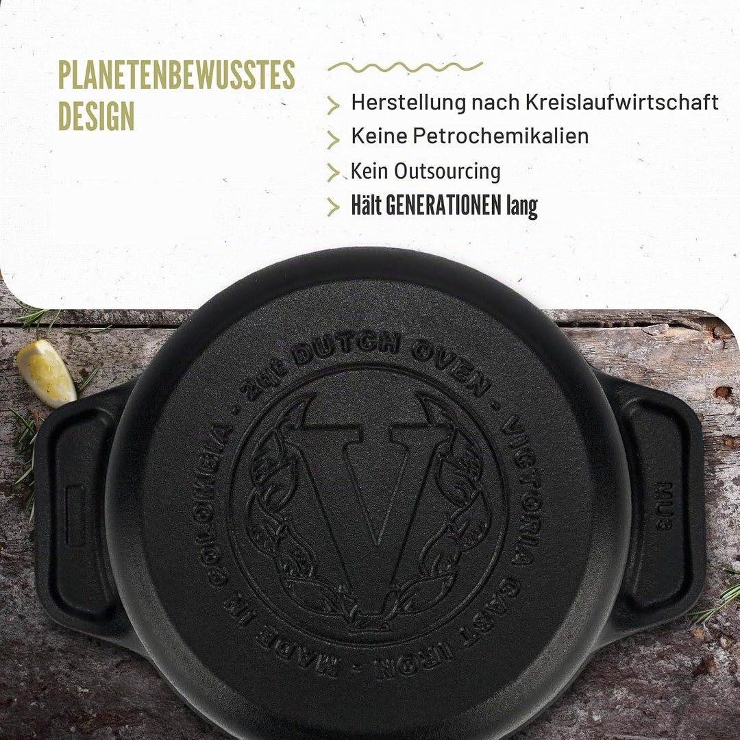 Victoria Dutch Oven aus Gusseisen, mit Deckel und zwei Griffen, gewürzt mit Leinsamenöl, hergestellt