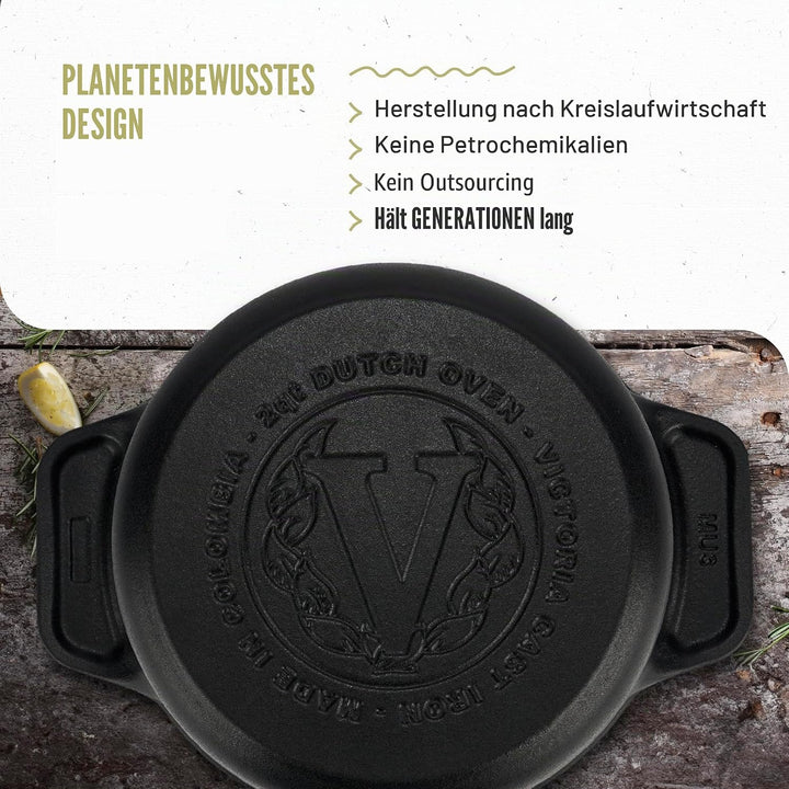 Victoria Dutch Oven aus Gusseisen, mit Deckel und zwei Griffen, gewürzt mit Leinsamenöl, hergestellt