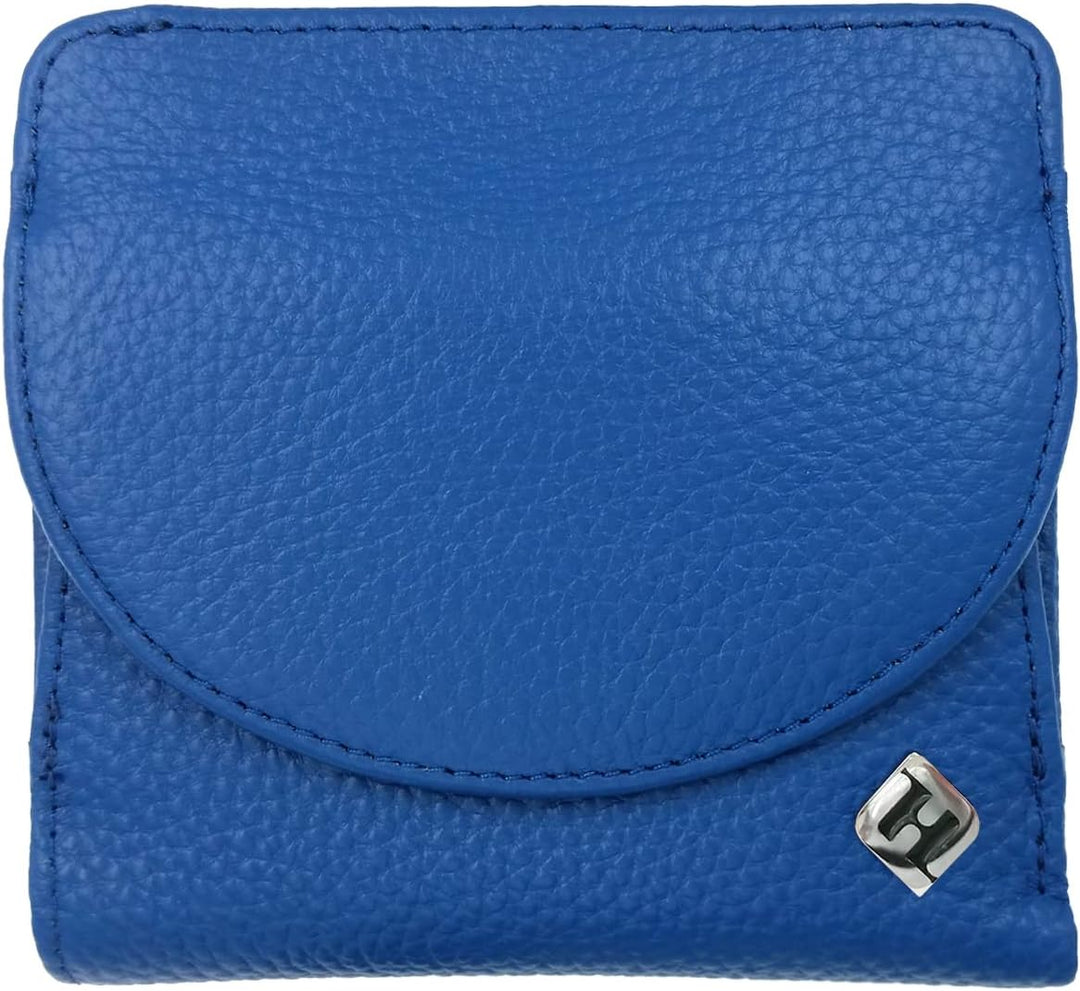 Portmonee Damen klein kompakt, Reise Geldbörse, viele Fächer, Leder blau, RFID Blocker, Münzfach | W