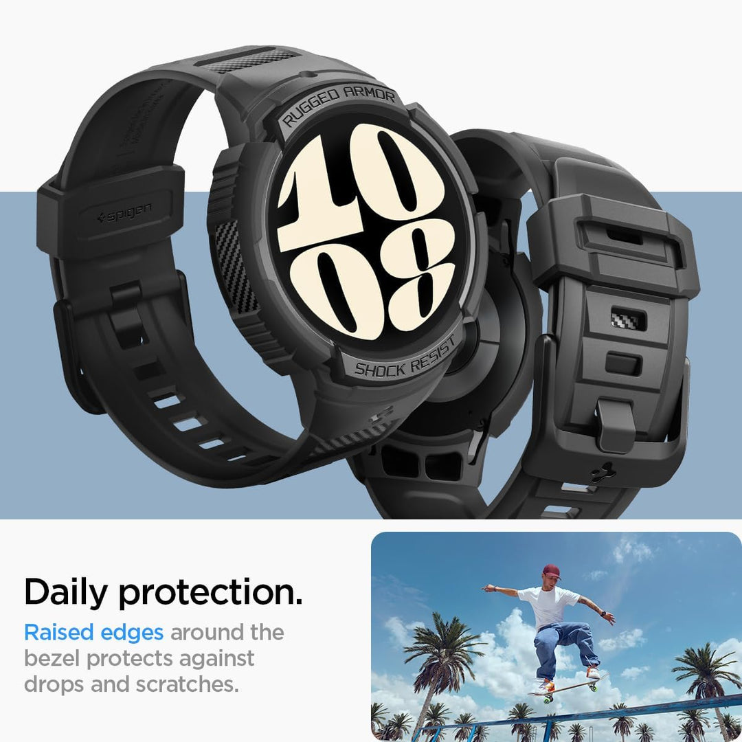 Spigen Rugged Armor Pro Hülle mit Armband Kompatibel mit Samsung Galaxy Watch 6 44mm 2023 - Schwarz