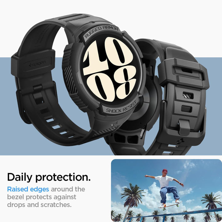 Spigen Rugged Armor Pro Hülle mit Armband Kompatibel mit Samsung Galaxy Watch 6 44mm 2023 - Schwarz