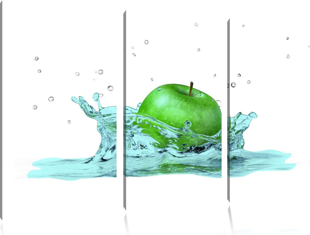 green Apple, Grüner Apfel fällt in Wasser schwarz/weiss 3-Teiler Leinwandbild 120x80 Bild auf Leinwa