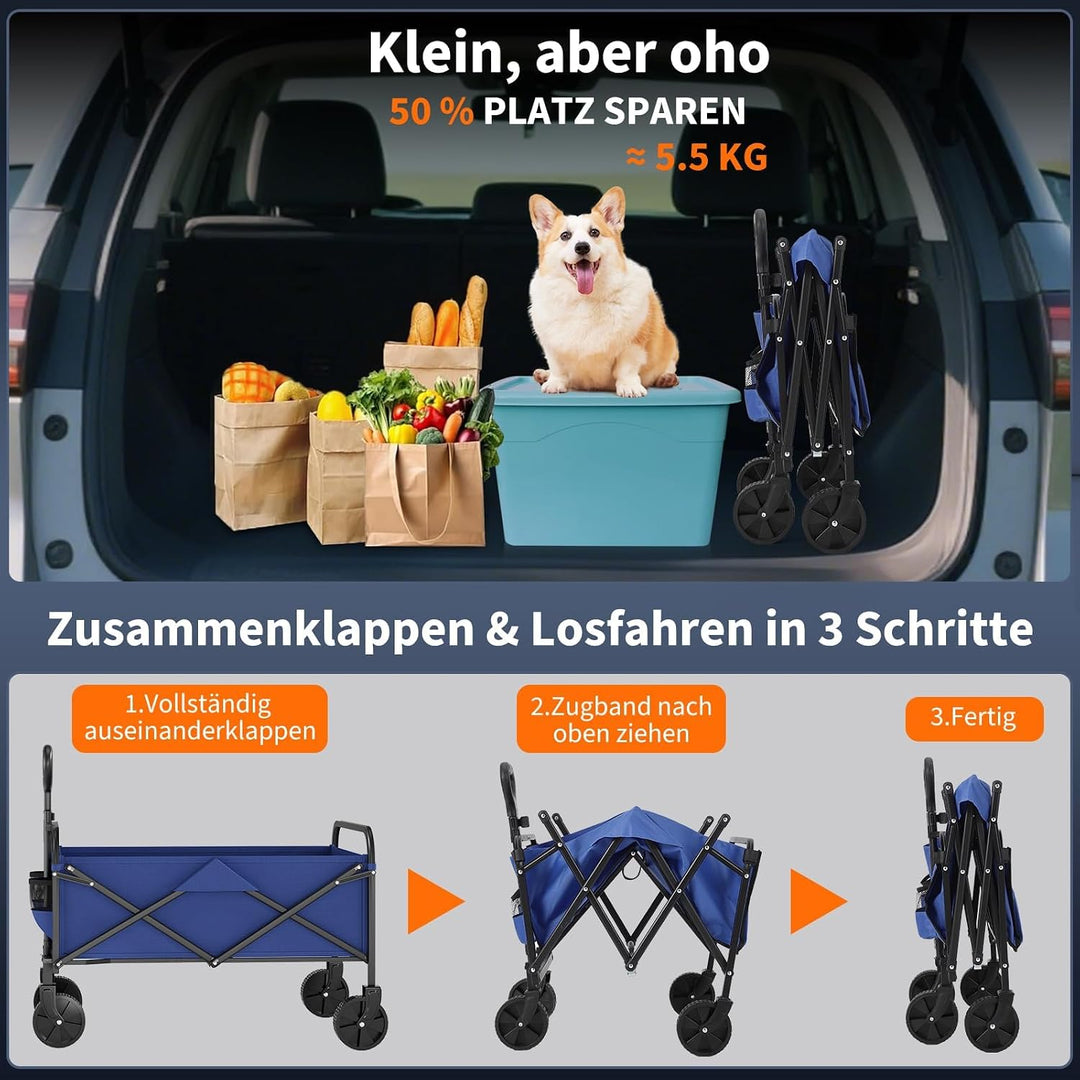 XXL Bollerwagen faltbar 220L, 180KG, Gartenwagen für alle gelände, Handwagen Stahlrahmen 600D Oxford