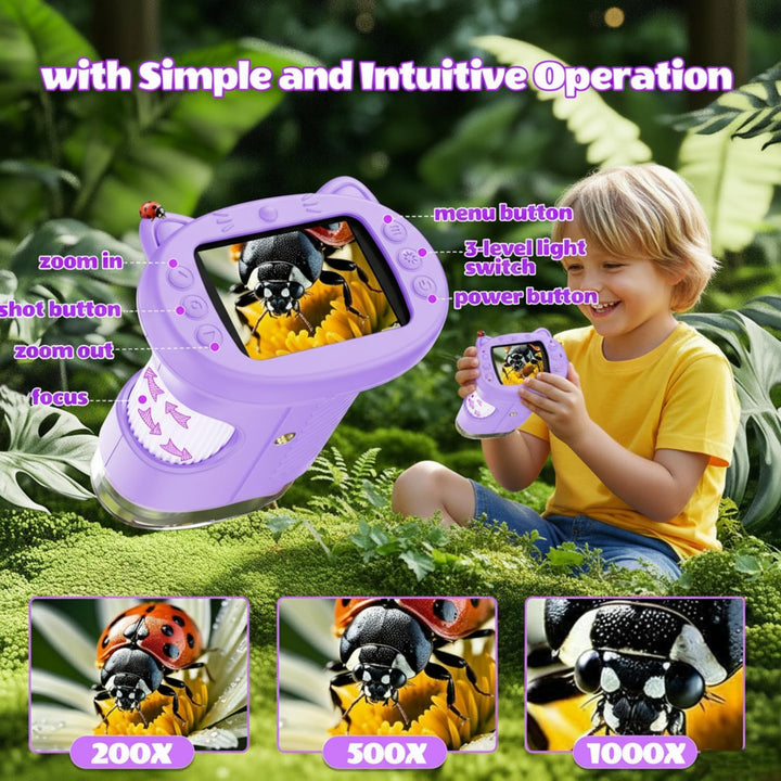 Mikroskop für Kinder, 1000X 4K Digitalmikroskop mit IPS-Display, 8 LED Licht, USB-aufladbar, Tragbar