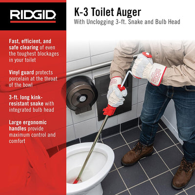 RIDGID 59787 Modell K-3 WC-Reinigungsspirale, 1 m lange WC-Sspirale mit Ovalbohrer zur Reinigung blo