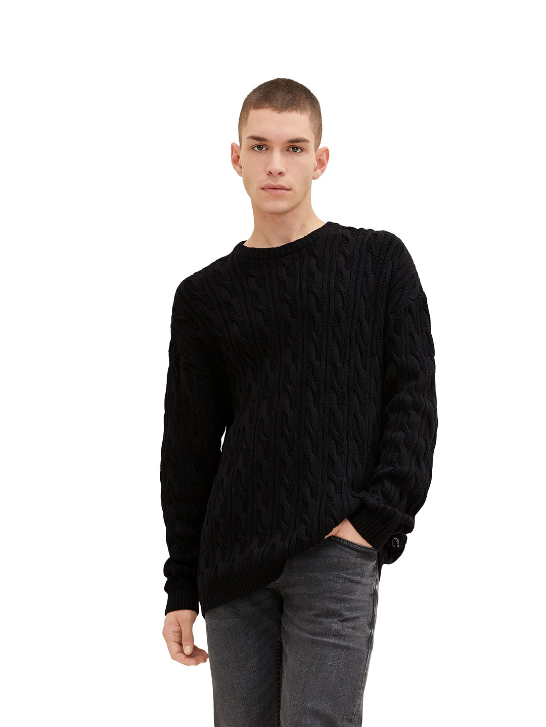 TOM TAILOR Denim Herren Pullover mit Zopfmuster L 29999 - Black, L 29999 - Black