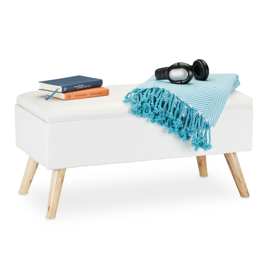 Relaxdays, weiss Sitzbank mit Stauraum, gepolstert, Holzbeine, Truhenbank Stoffbezug, H x B x T: 39,