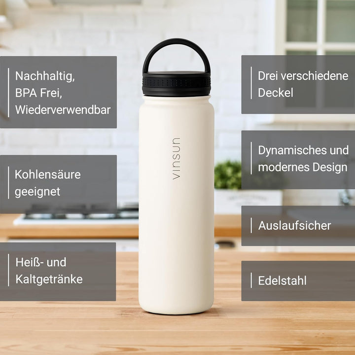 Vinsun Edelstahl Trinkflasche 750ml - 3 Deckel - auslaufsicher, Kohlensäure geeignet, BPA frei - The