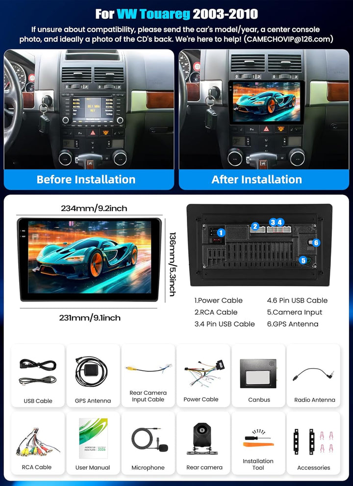 CAMECHO 4+64G Android 15 Autoradio für VW Touareg 2003-2010 mit Wireless Carplay Navi,2 Din Carplay