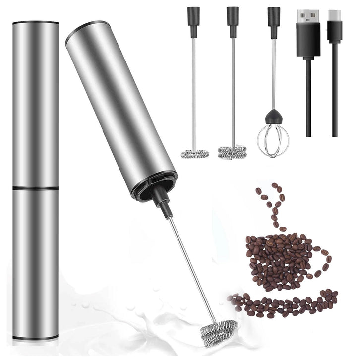 Edelstahl Milchaufschäumer, 3-in-1 Mini-Handmixer Elektrisch USB Wiederaufladbar, Schnellschaum, 3 S