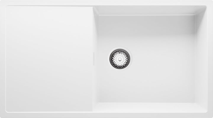 Spülbecken Weiss 90x50 cm, Granitspüle 1 Becken XL + Ablauf-Set, Küchenspüle für 60er Unterschrank,