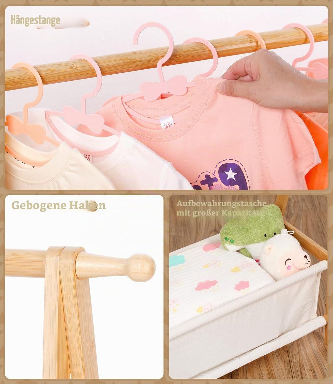 Bambus Kinder Kleiderständer mit Aufbewahrungstasche und Kleiderstange, Dress-up-Ständer, kleiner Ga