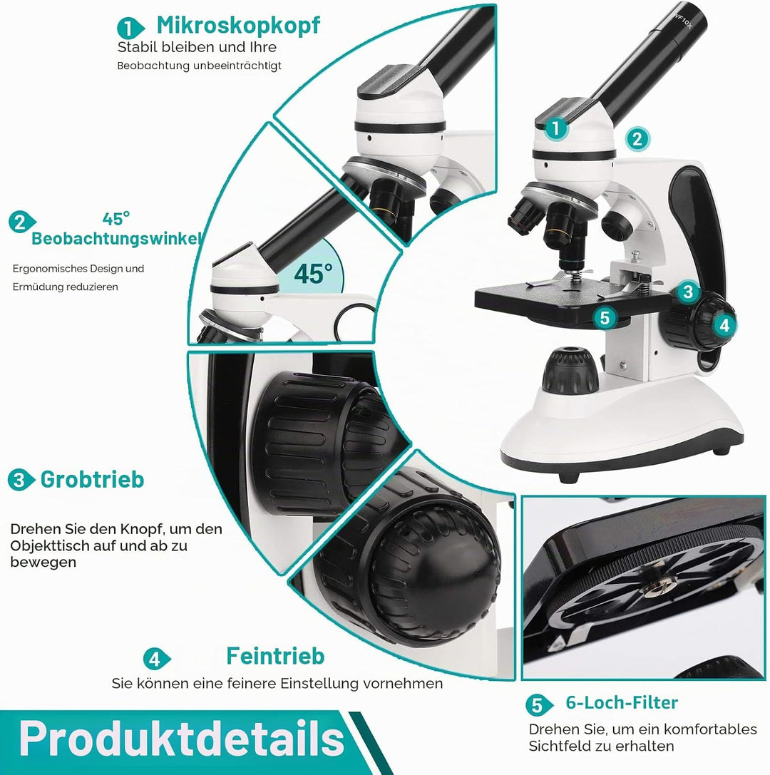 Mikroskop für Kinder mit Objektträger Set, Dual-LED-Beleuchtung,Professionelle Microscope für Schull