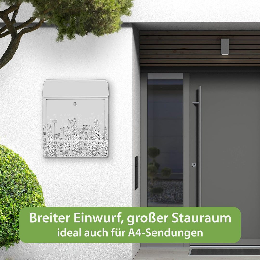 banjado® Design Briefkasten mit Motiv Wegesrand 39x47x14cm &amp; 2 Schlüssel - Briefkasten Stahl weiss m