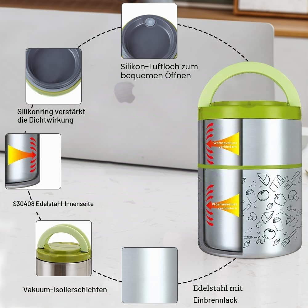 Lille Home Vakuum Isoliertes stapelbares Edelstahl Thermal Mittagessen/Snackbox, 2-stufige Bento/Leb