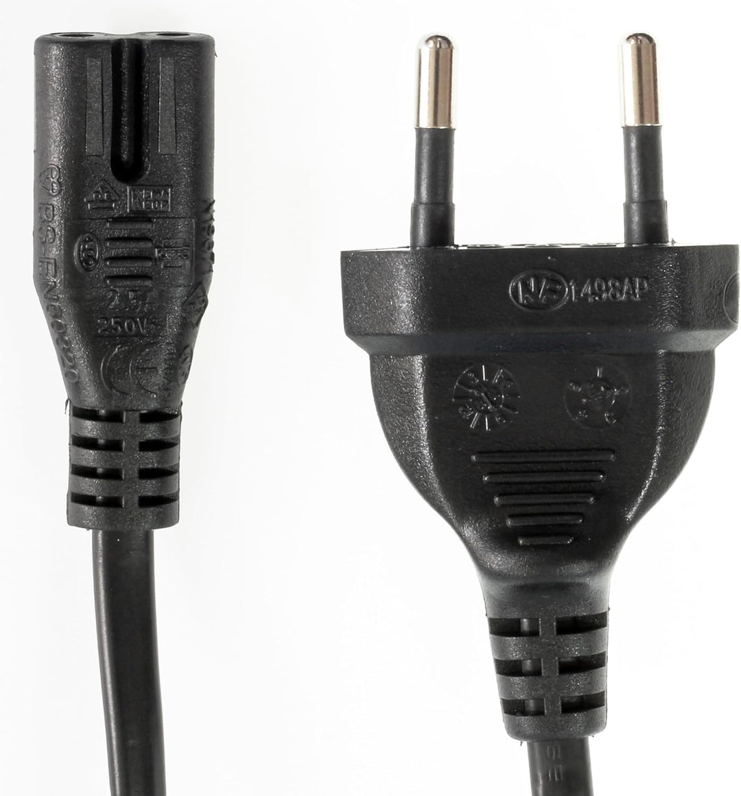 Dreierpack kurzes Netzkabel (Stromkabel mit Euro-Flachstecker auf Euro-8-Buchse). schwarz. 30cm.