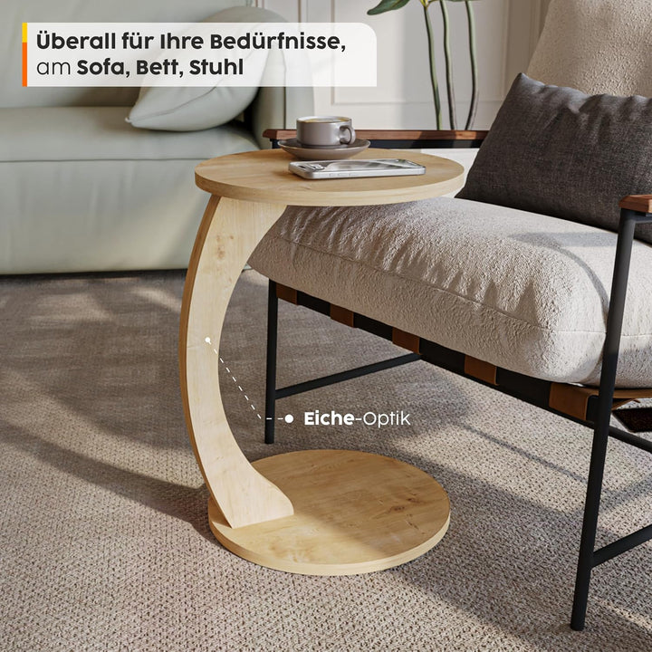sugodesign Couchtisch mit Rollen, Kleiner Beistelltisch C Form, stylischer Sofatisch in schöner Eich