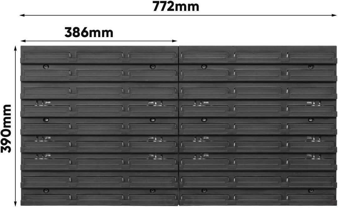 Lagersystem Stapelboxen mit Deckel Wandregal 772 x 390 – 24 Stück Boxen - Werkzeugwand Werkstattrega