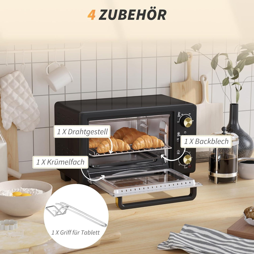 HOMCOM Mini Backofen 16 L 1400W 100-230℃ 60 Min. Timer inkl. Krümelblech, Backblech und Grillrost, M