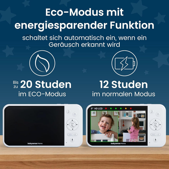 Babysense Prisma 5" HD-Video-Babyphone mit 2 Kameras und Audio, 6-Farben-Nachtlicht, geteiltem Bilds